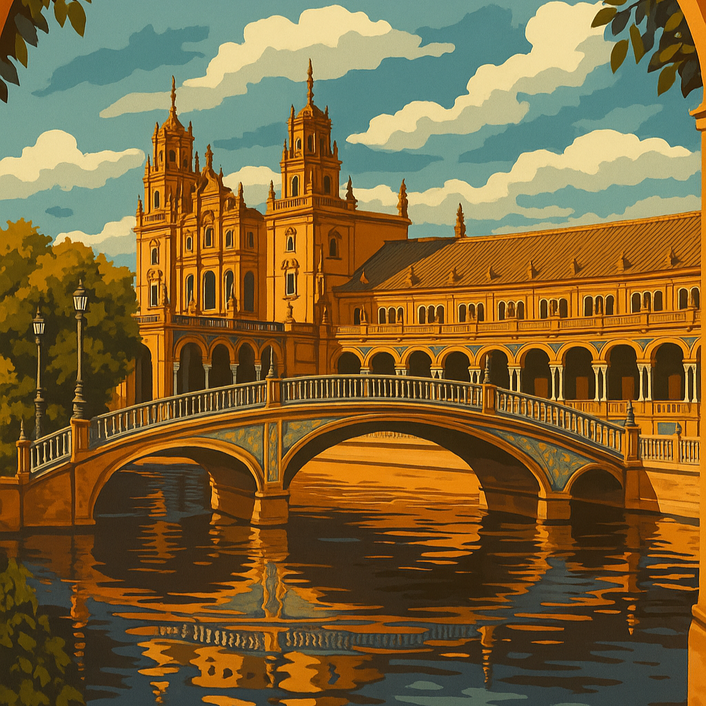 Illustration of a bridge and building in Seville with 'Seville' text at the top.